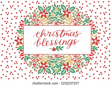 Holiday card with inscription Christmas blessings, made hand lettering . Biblical background. Christian poster. Modern calligraphy Greetings