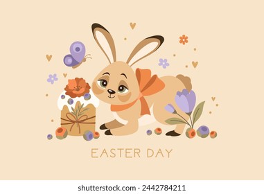 Holiday card with the inscription "Easter Day". Illustration of Rabbit and Easter cake. Vector illustration