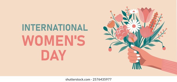 
Holiday card International Women's Day. Women's month, Mother's Day. Spring delicate bouquet of wild flowers in a woman's hand. Vector flat illustration in pastel color palette with space for text