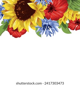 holiday card or invitation in floral style, namely open buds of wildflowers red poppies, blue cornflowers and sunflower on one side illustration with blank space for greeting text on white background