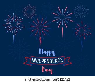 Holiday card, invitation with hand-held fireworks in the colors of the USA flag. Independence Day July 4th. Vector illustration background, web banner. EPS 10.