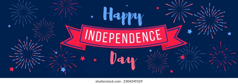 Holiday card, invitation with hand-held fireworks in the colors of the USA flag. Independence Day July 4th. Vector illustration background, web banner. EPS 10.