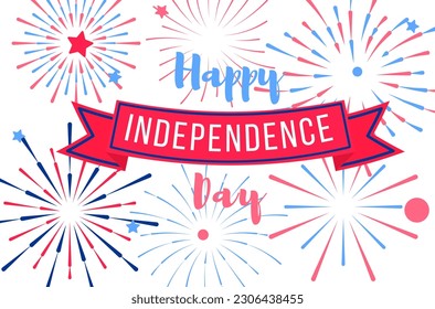 Holiday card, invitation with hand-held fireworks in the colors of the USA flag. Independence Day July 4th. Vector illustration background, web banner. EPS 10.