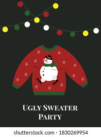 Holiday card invitation for ugly sweater party. Christmas decorations. Dark theme with snowman picture. Vector illustration. 
