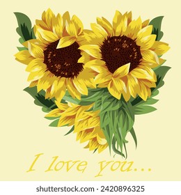 tarjeta de vacaciones, invitación a varias vacaciones en un estilo floral, a saber girasoles amarillos y hojas verdes en forma de corazón y la inscripción que te amo, vector