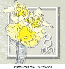 Holiday card with iris flowers on the grey texture background. Happy women's day. Vector abstract illustartion.