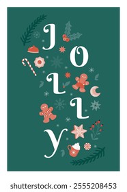 A holiday card with Jolly spelled vertically surrounded by cute Christmas themed treats like ginger bread men and cookies