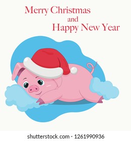 Holiday card with a lazy pig. Christmas and New Year. Light background