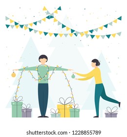 Holiday card. Man and woman with Christmas lights and presents isolated on white background, illustration.