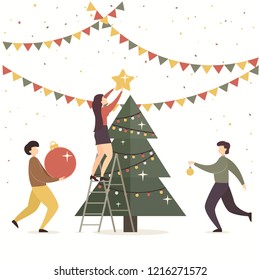 Holiday card. Men and women decorate Christmas tree on white background, illustration.