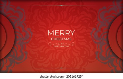 Holiday card Merry Christmas and Happy New Year Red color with vintage burgundy pattern