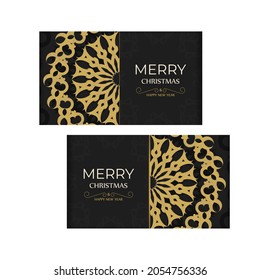 Holiday card Merry Christmas and Happy New Year in black with luxury orange pattern