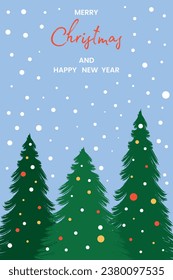 Holiday card Merry Christmas and Happy New Year. Congratulatory inscription on the New Year holidays on the background of Christmas trees. Vector.