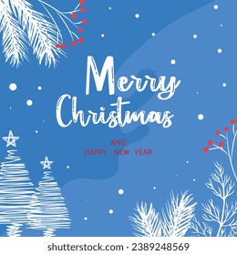 Holiday card Merry Christmas and Happy New Year. Congratulations on the winter holidays on a blue background. Vector.