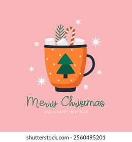 Holiday card with a Merry Christmas mug of cocoa and an inscription. Vector illustration