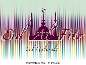 Holiday card with mosque for greeting with finish of fasting month Ramadan and Islamic holiday Eid al-Fitr, as well Feast of Breaking the Fast. Vector illustration