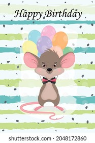 Holiday card mouse with balloons. A postcard for a baby shower.A children's poster or banner for a birthday on a striped background. Vector illustration