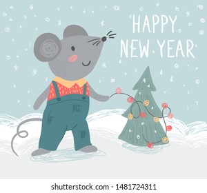 Holiday card with mouse and tree. Symbol of chinese new year 2020