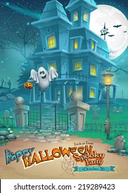 Holiday card with a mysterious Halloween haunted house and fun ghost