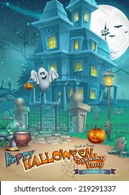 Holiday card with a mysterious Halloween haunted house, scary pumpkins, magic hat and cheerful ghost