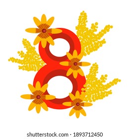 Holiday card with number eight and flowers, mimosas, vector illustration for international women's day