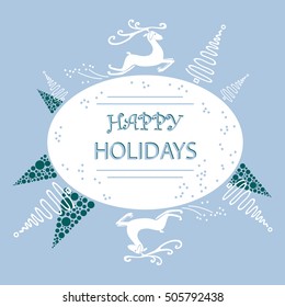 holiday card on a blue background with Christmas trees and North running deer