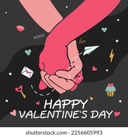 Holiday card on a dark background with the inscription, Happy Valentines Day, contour hands of lovers, cute stickers, hearts, flat style