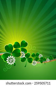 Holiday card on St. Patrick's Day. March 17. Green striped background with border from clovers. Vector illustration