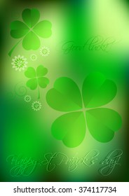 Holiday card on St. Patrick's Day. March 17. Blurred green lucky background with clover leaves and flowers. Good luck. Vector illustration