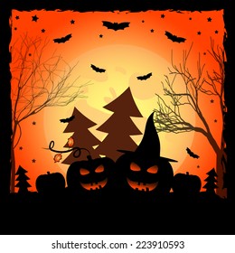 Holiday card on theme of Halloween. Pumpkins with grin in forest against big moon. Trick or treat. Vector illustration