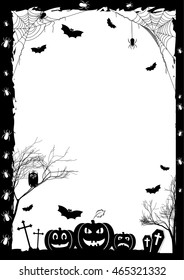 Holiday card on theme of Halloween. Black frame with pumpkins, bats and spiders on gossamers at cemetery on white. Trick or treat. Vector illustration