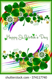 Holiday card with ornament from lucky shamrock leaves, flowers and gold coins on white background with rainbow for St. Patrick's Day. March 17. Good luck. Vector illustration