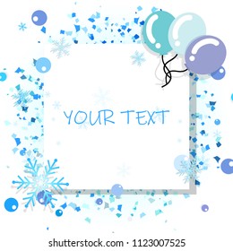 Holiday card, party celebration flat design, balloons, snowflakes and confetti poster winter season concept abstract background vector illustration