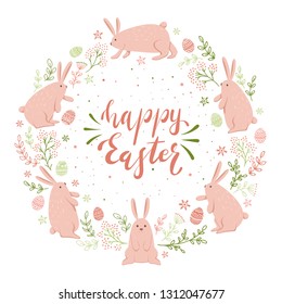 Holiday card with pink Easter rabbits, eggs and green floral elements on white background, illustration.