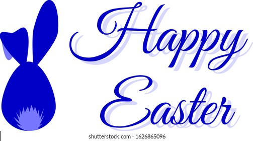 holiday card with pink inscription happy easter and egg with bunny ears and tail isolated. vector illustration