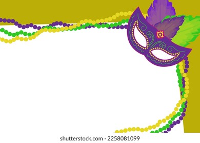 Holiday card. Postcard for Mardi Gras holiday. Masquerade mask and beads symbols of Mardi Gras .Vector illustration in flat style for congratulations, invitations.
