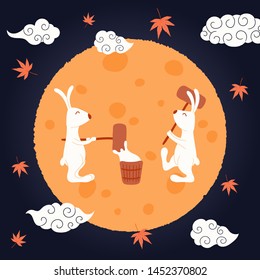 Holiday card, poster, banner design with full moon, cute rabbits making cakes, maple leaves, clouds. Hand drawn vector illustration. Concept for Mid Autumn Festival decor element. Flat style.
