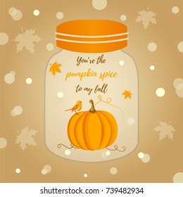 Holiday card with pumpkin and cute bird for Thanksgiving day