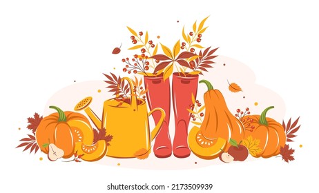 Holiday card with pumpkin, fruit, cute wellies boots, watering can and autumn leaves. Hello Autumn. Happy thanksgiving. Vector illustration