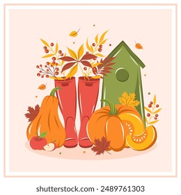Holiday card with pumpkin, fruit, cute wellies boots and autumn leaves. Happy thanksgiving. Vector illustration
