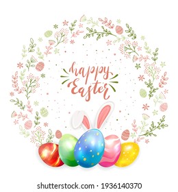 Holiday card with rabbit ears, colorful Easter eggs and floral elements. Text Happy Easter isolated on white background. Illustration can be used for holiday design, banner, website, greeting cards.