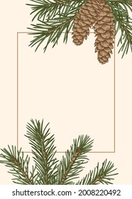 Holiday card with rectangular gold frame. Botanical invitation with fir branches and cones. Winter template with conifers and evergreens. Vintage green. Vector illustration. Sketch. 