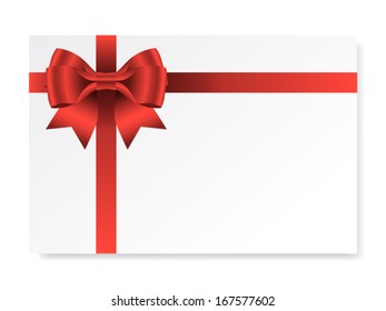 Holiday card with red gift bow with ribbons, vector