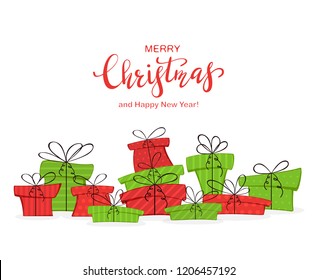 Holiday card. Red and green presents isolated on white background with lettering Merry Christmas and Happy New Year, illustration.