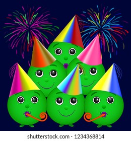 Holiday card. Round abstract emoticons in festive hats. Various colorful characters. Cartoon style. Carnal holiday design fashionable vector illustration