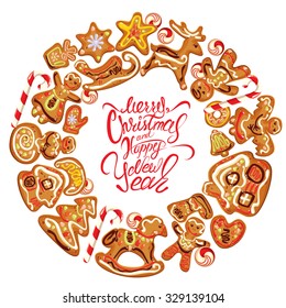 Holiday card. Round frame with xmas gingerbread isolated on white - cookies in reindeer, star, moon, people, heart, house and fir-tree shapes. Calligraphic text Merry Christmas and Happy New Year