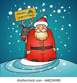 Holiday card with Santa Claus, gifts and reindeer.