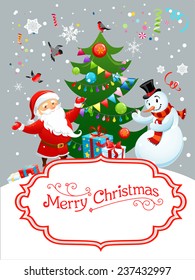 Holiday card with Santa Claus and snowman. Festive background with copy space.