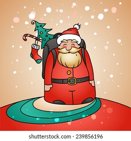 Holiday card with Santa Claus and winter landscape