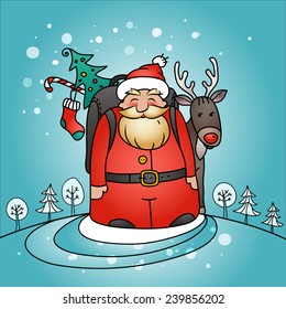 Holiday card with Santa Claus and winter landscape